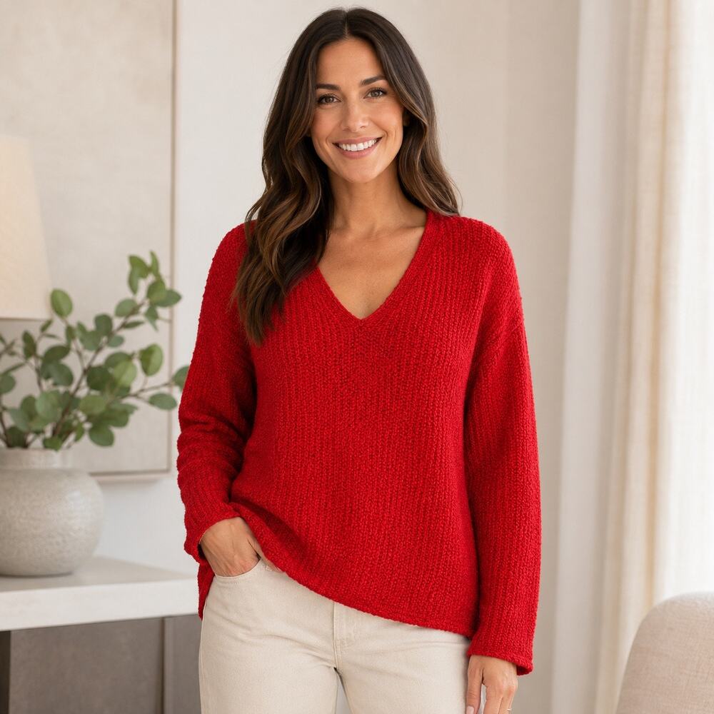 Eileen Fisher Women’s L Red Cotton Silk Boucle Knit V-Neck Pullover Sweater